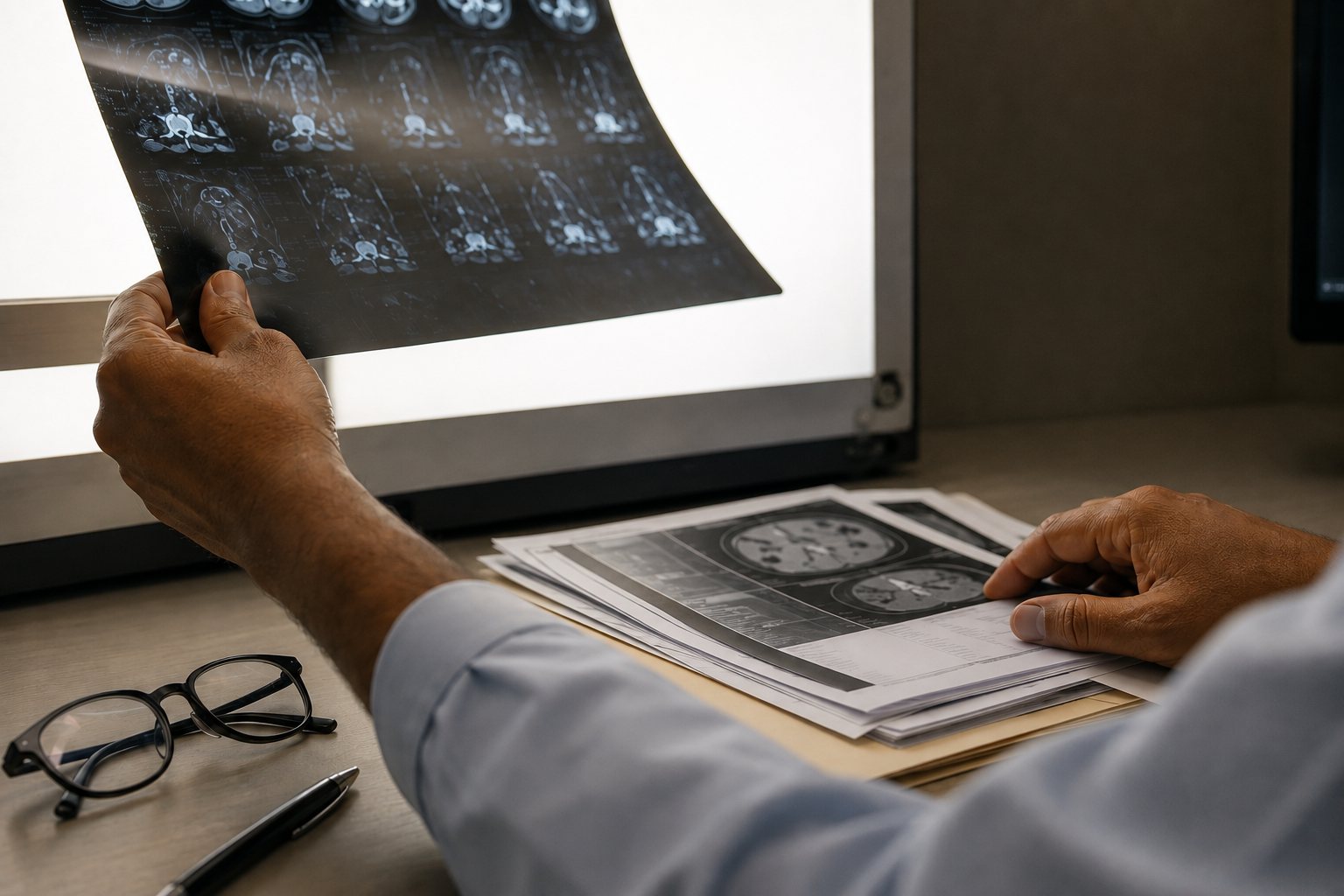 A clinician holding a scan film up to a lightbox while sorting through a stack of reports.