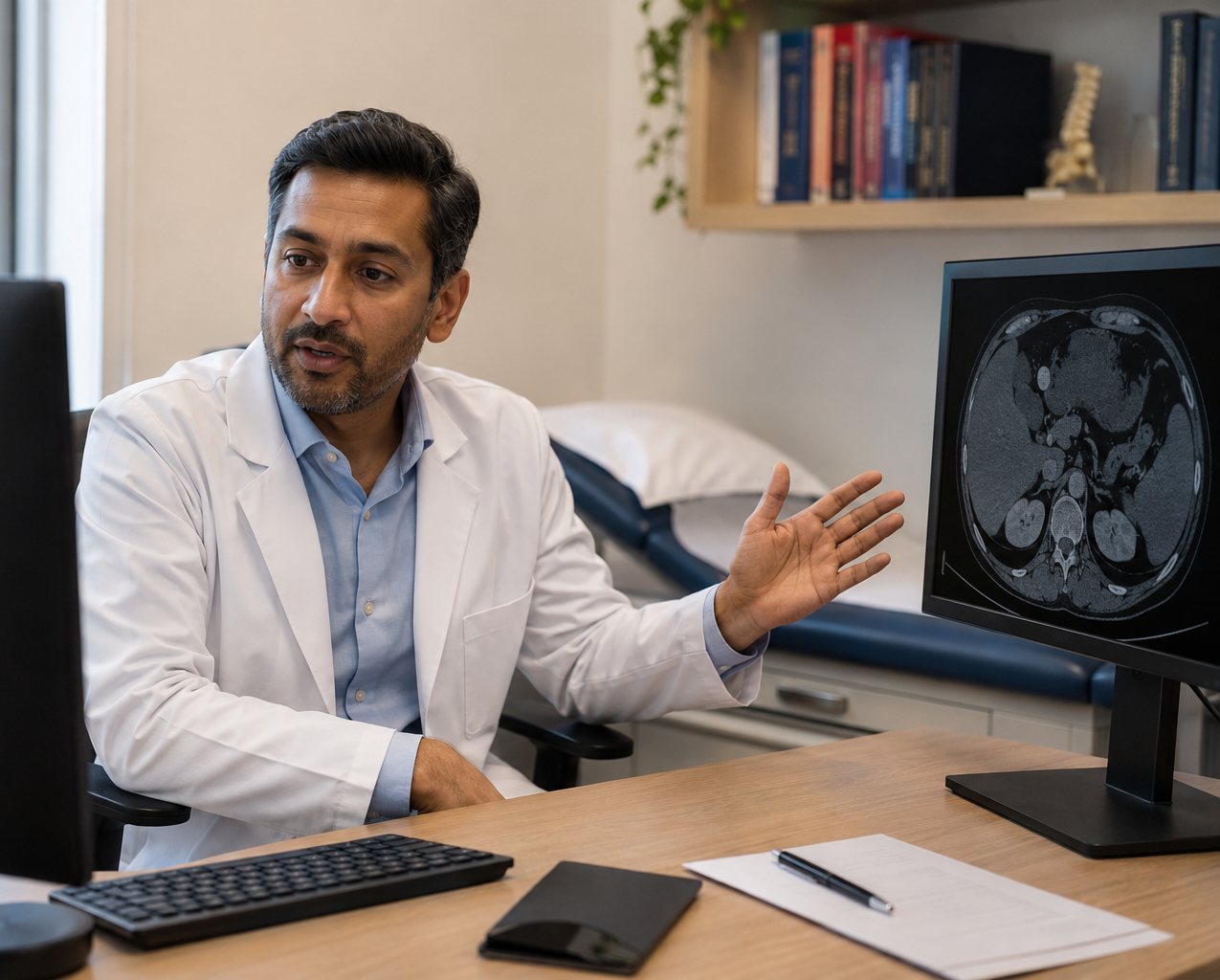 A consultant surgeon in his clinic explaining a scan on screen during a video consultation.