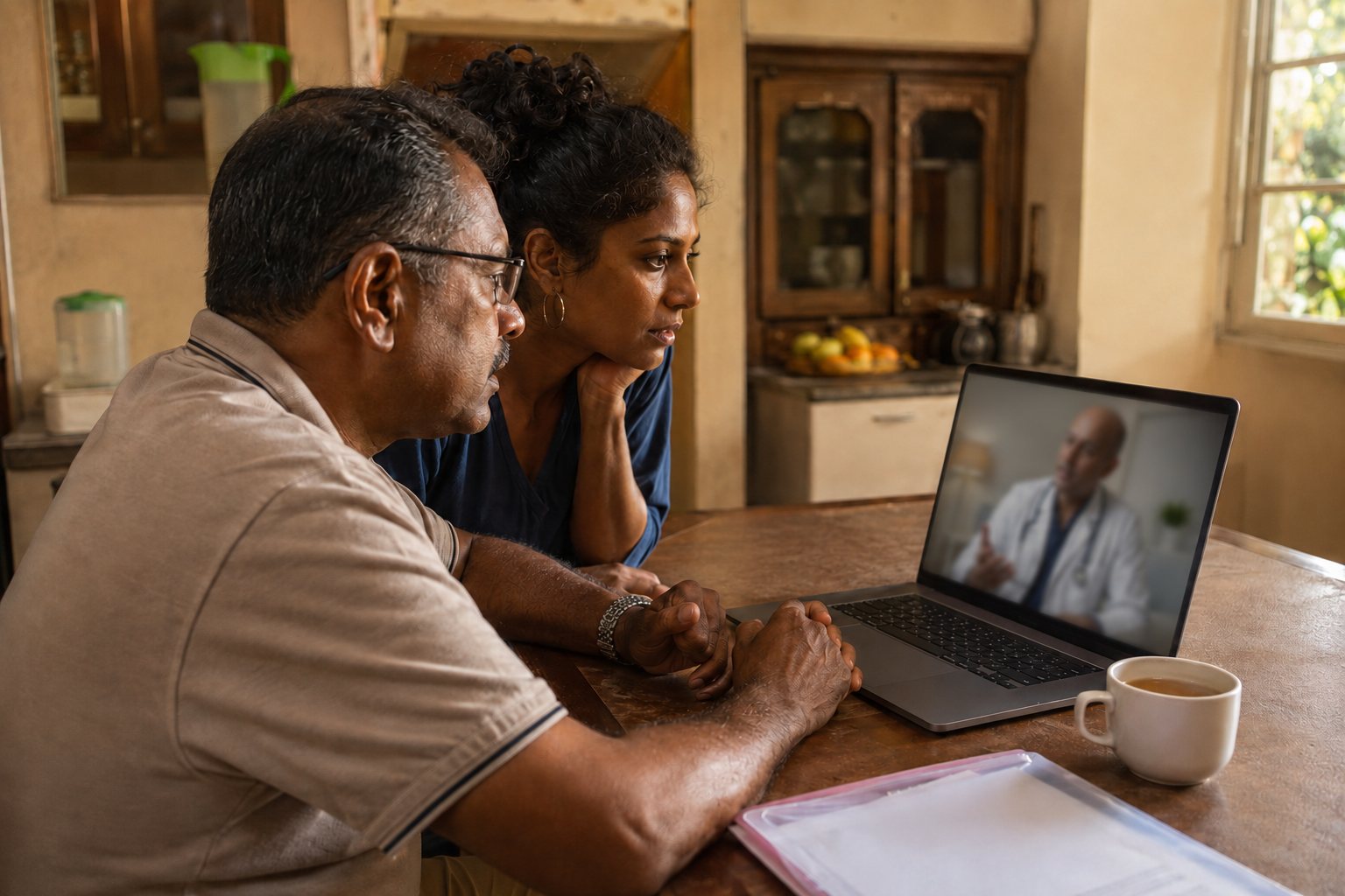 A couple at their kitchen table at home, talking to a specialist on a laptop.