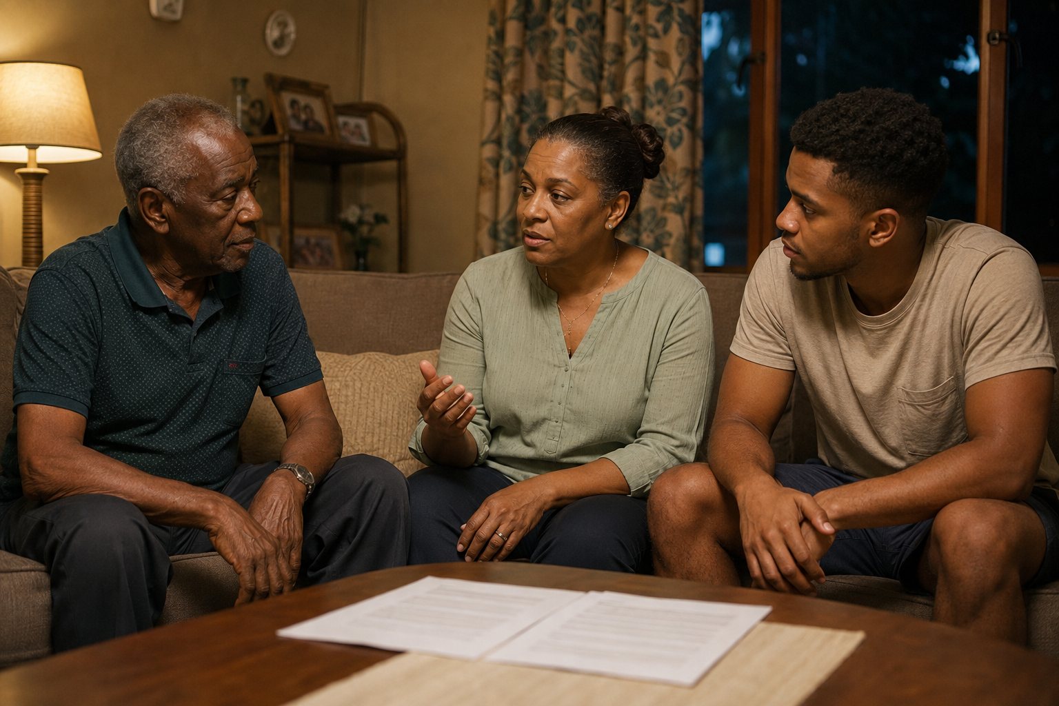 A family of three generations talking together at home in the evening, papers on the table.
