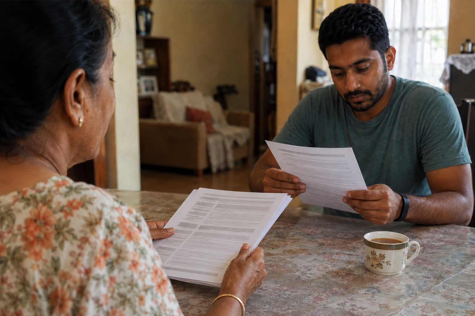 Two family members at home reading printed transcript pages together.