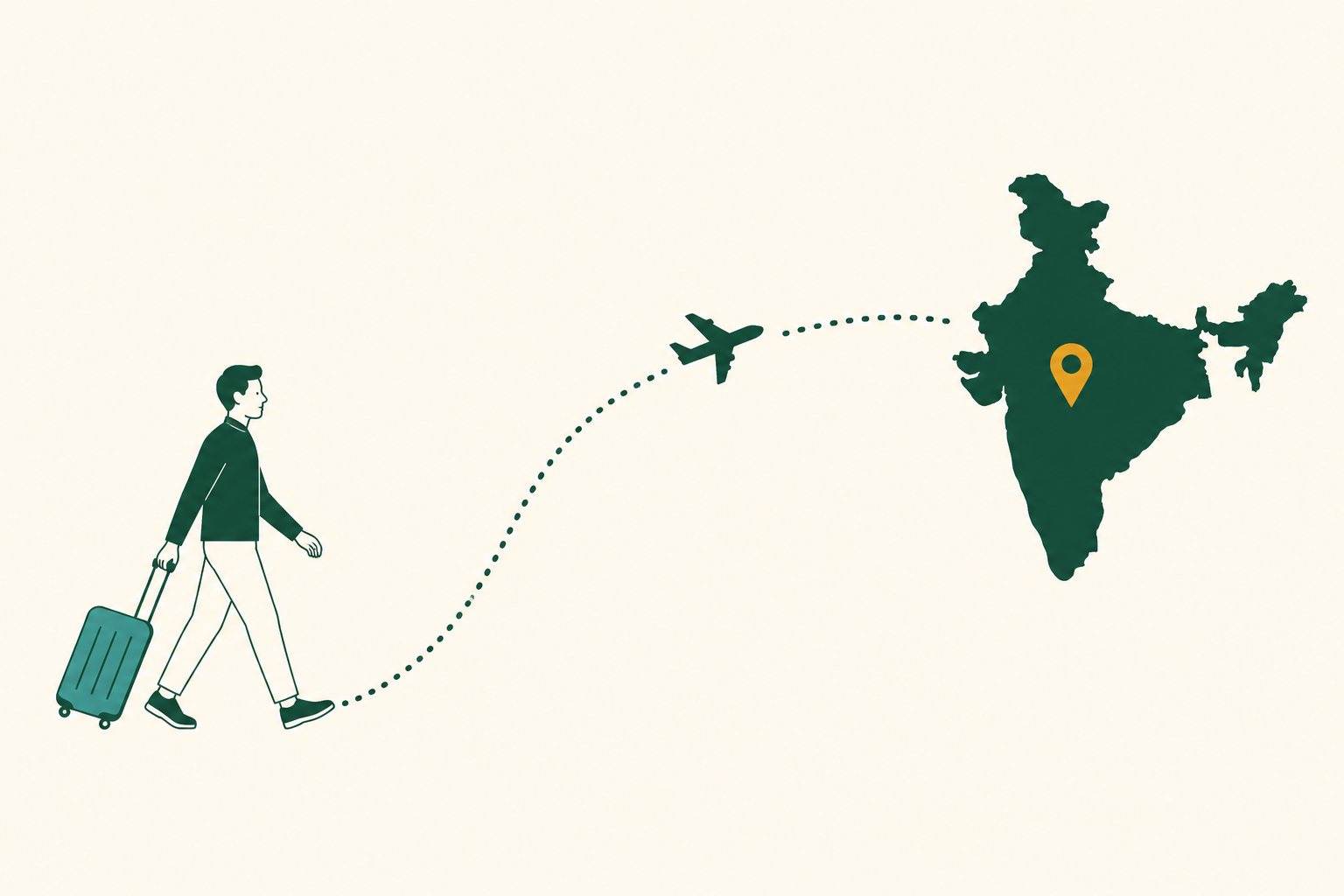 Illustration of a traveller with a suitcase following a dotted path to India.