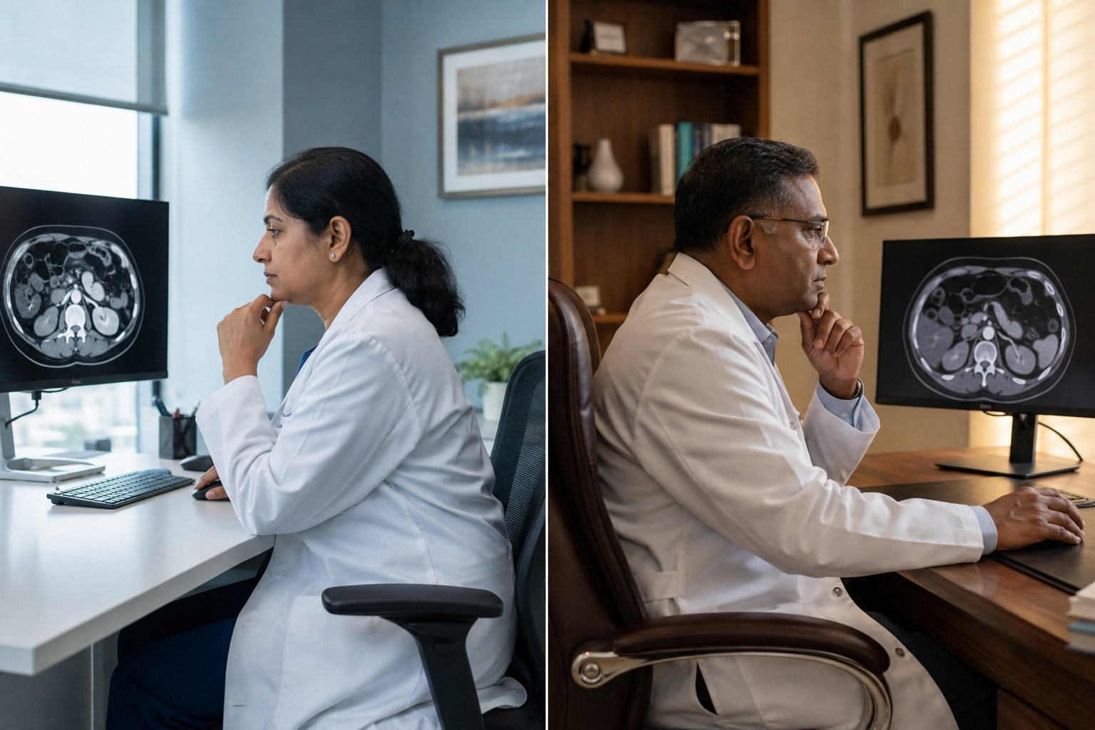 Two consultants in two different offices, each studying the same scan independently.