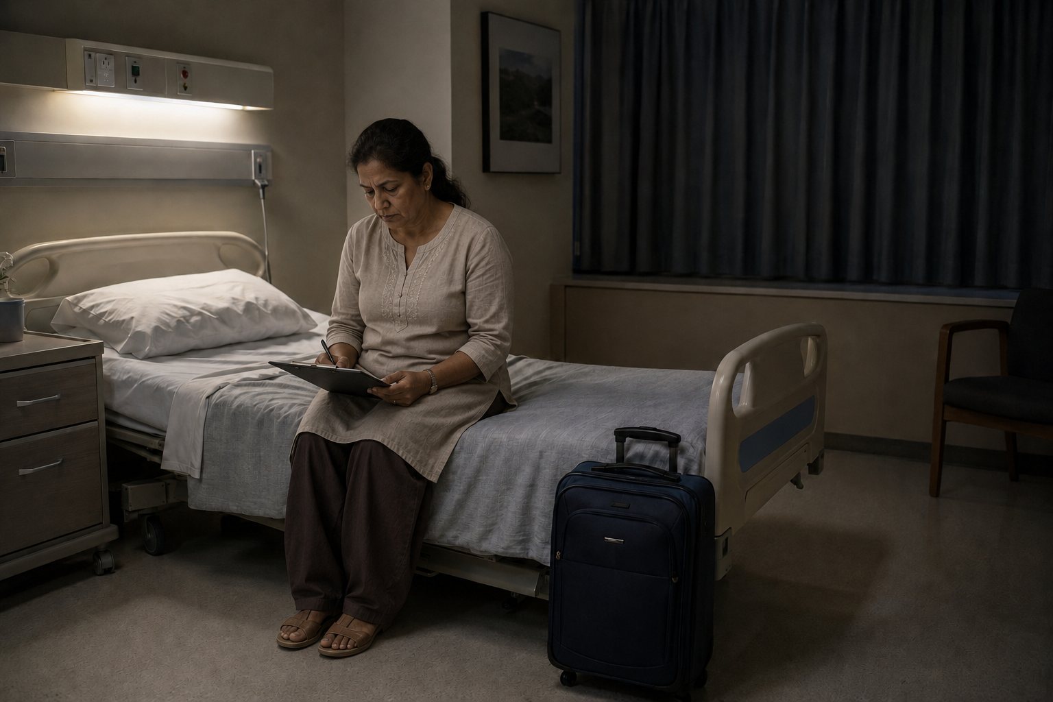 A woman sitting alone on a hospital bed at night with a clipboard, an unopened suitcase beside her.